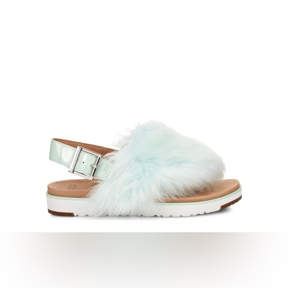 New UGG Fluffy White/ Mint Green Holly Sandals with Buckle size 39